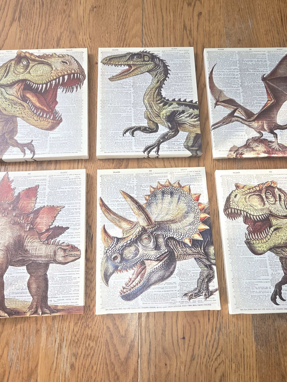 NWOT, Vintage-like Dictionary Dinosaur Wall Art Set - Green and Brown. CP
